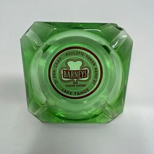 Vtg Barney’s Casino Lake Tahoe Ashtray Green Glass Square South Shore Memorabili